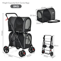 NNECW 4-in-1 Double Pet Stroller with Detachable Carrier for Cats Travel-Black